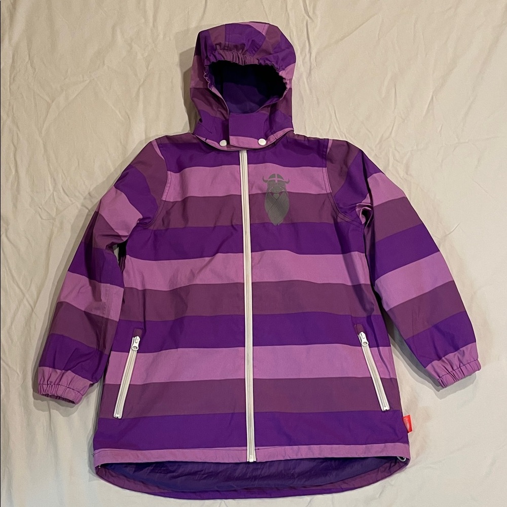 Danefae Purple Striped Hooded Rain Jacket Windbreaker Quality